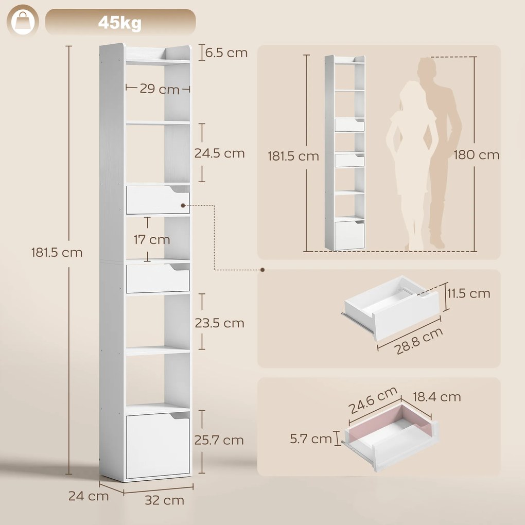 HOMCOM Bibliotecă verticală cu 6 rafturi, 2 sertare și dulap, alb efect lemn | Aosom Romania