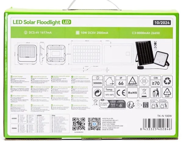 Aigostar - Proiector solar LED reglabil, 100 W, 3,4 V, IP66 + telecomandă