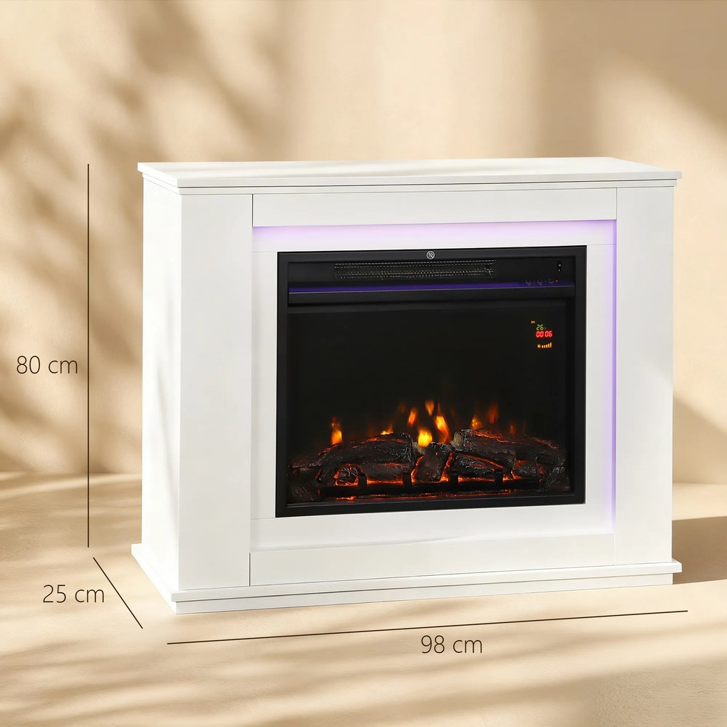 HOMCOM Șemineu Electric cu Flacără în 12 Culori și 5 Niveluri de Luminozitate, Telecomandă și Timer, 98x25x80 cm, Alb și Negru | Aosom Romania