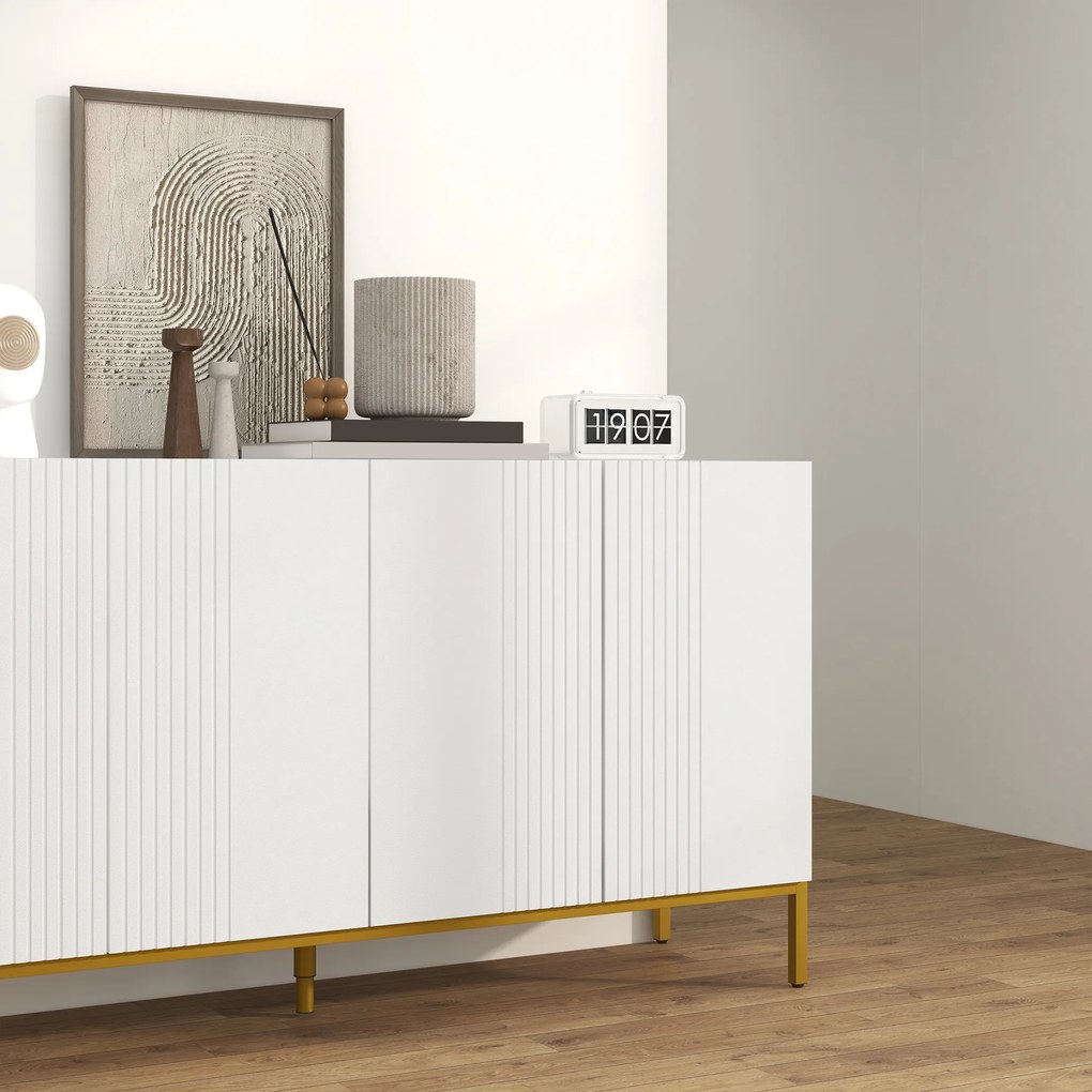 HOMCOM Bufet Modern pentru Living cu 4 Uși și Rafturi Reglabile, Închidere Moale, 140x40x75 cm, Alb | Aosom Romania