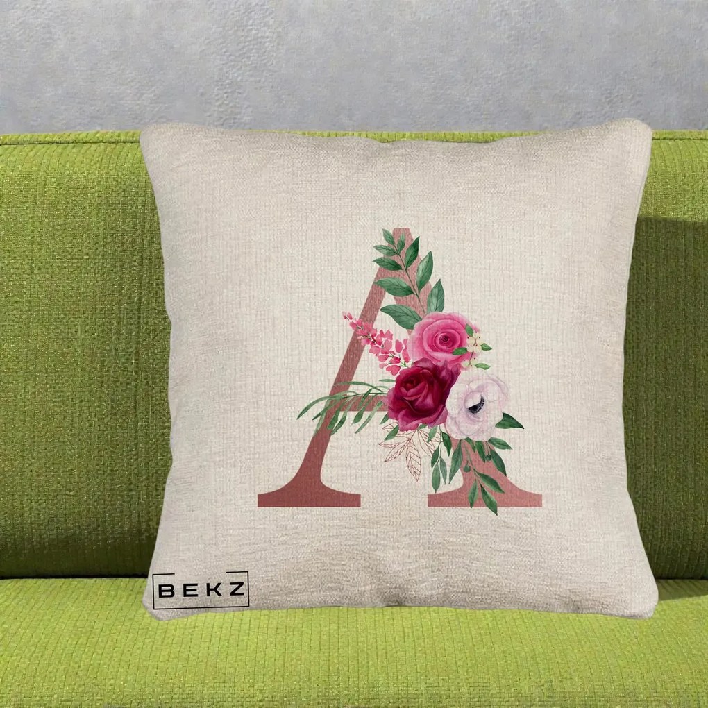 Cadou Personalizat - Perna Personalizata Monograma Rose Gold Litera A, 40x40 cm, Bej Canapea, Husa Detasabila, Perna Inclusa, BEKZ®