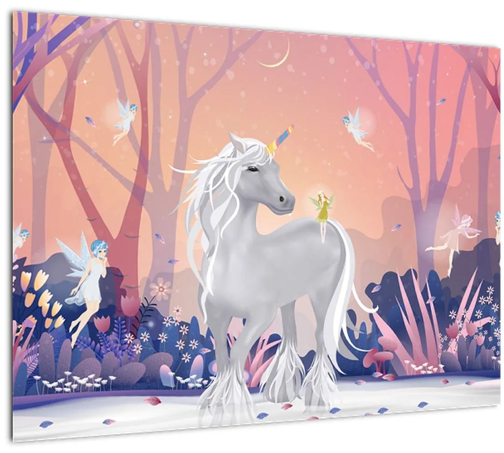 Tablou pe sticlă - Unicorn în pădurea fermecată (70x50 cm)