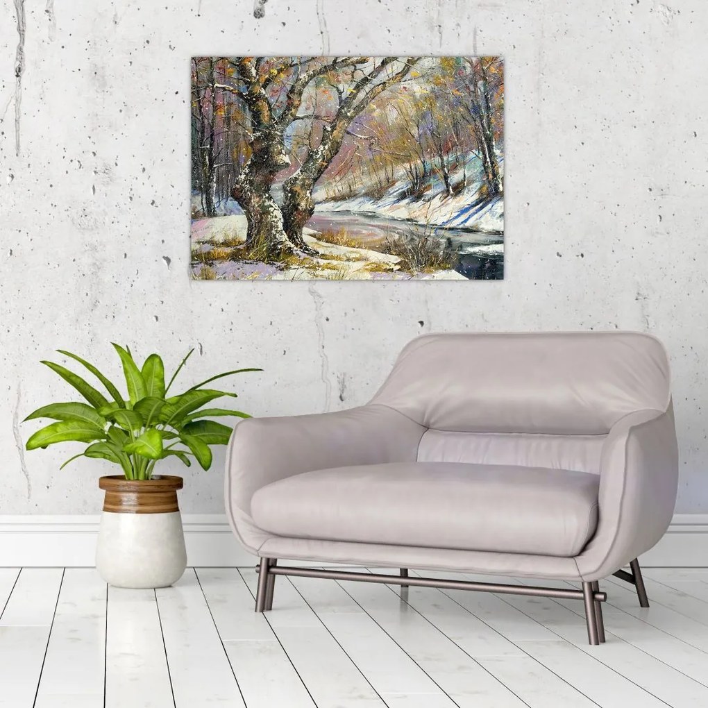Tablou pe sticlă cu peisaj de iarnă pictat (70x50 cm)