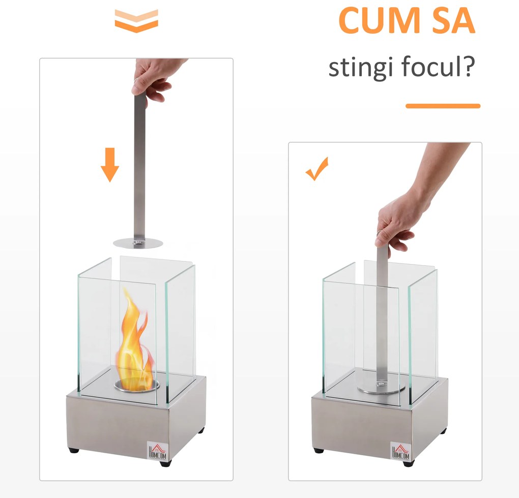 HOMCOM Șemineu de Masă cu Bioetanol de 0.4L, Sobă din Oțel și Sticlă pentru Spații Înterioare și Exterioare, 20x20x33 cm, Argintiu | Aosom Romania