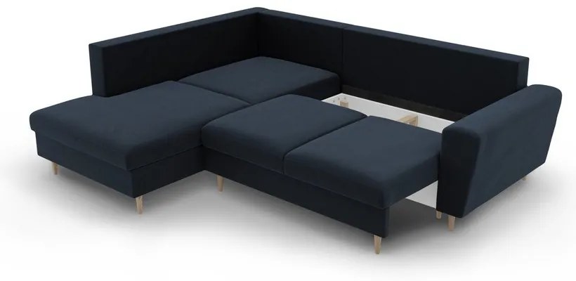 Colțar albastru închis extensibil, cu spațiu de depozitare cu tapițerie din catifea (cu colț pe partea stângă-în formă de ”L”) Kyoto – Cosmopolitan Design