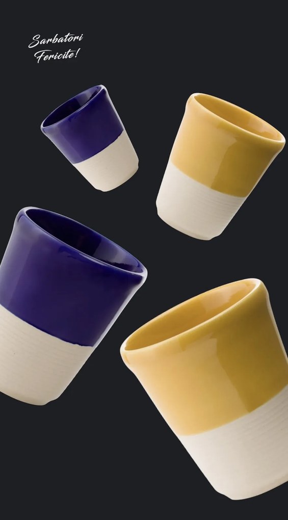 Set Cadou 4 Pahare Ceramica Arhitect Glaze Sarbatori (2 Pahare Albastru Cobalt 200ml, 2 Pahare Galbene 200ml)
