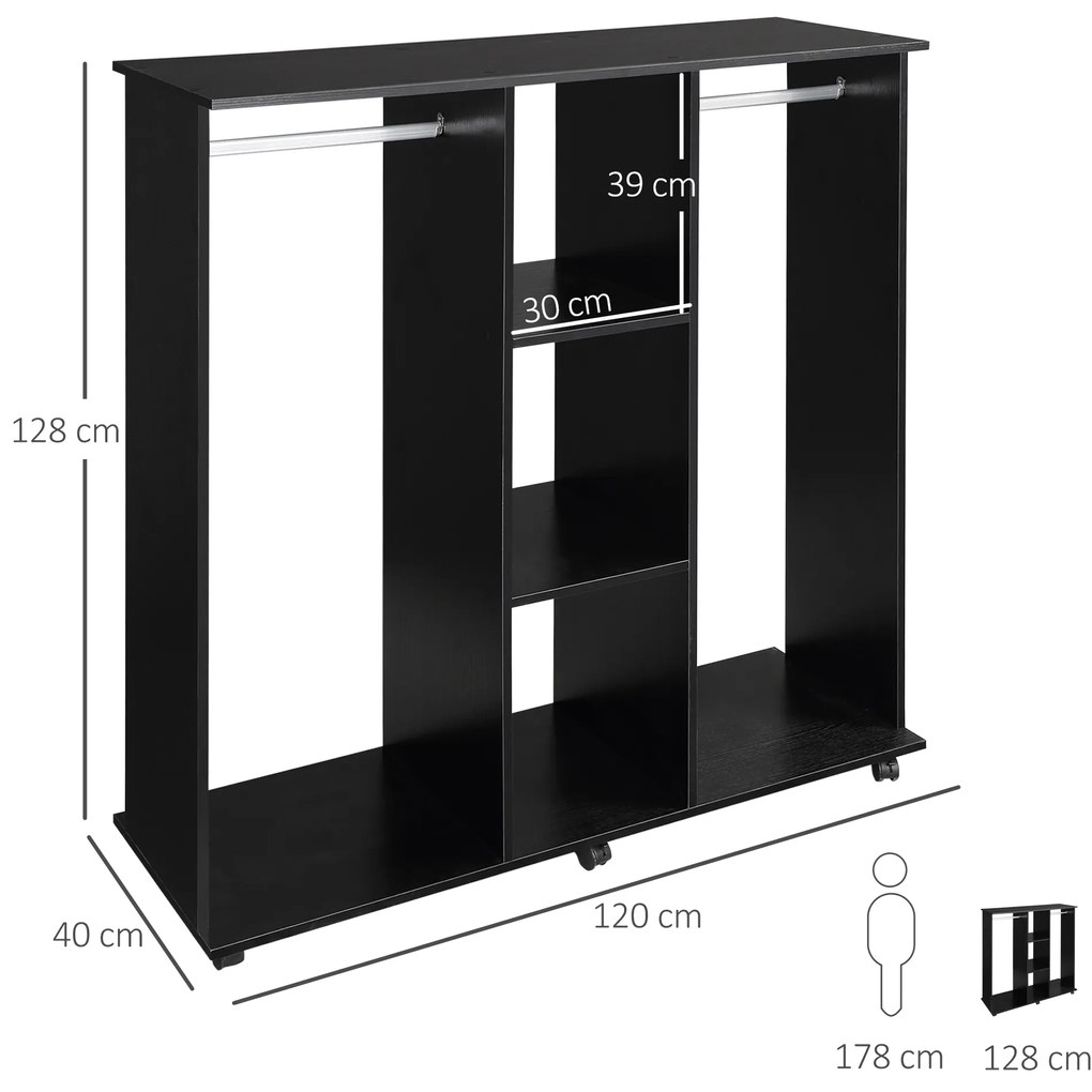 HOMCOM Șifonier cu șinar Mobilier de Depozitare 6 roți 120L x 40l x 128H cm din lemn Negru | Aosom Romania