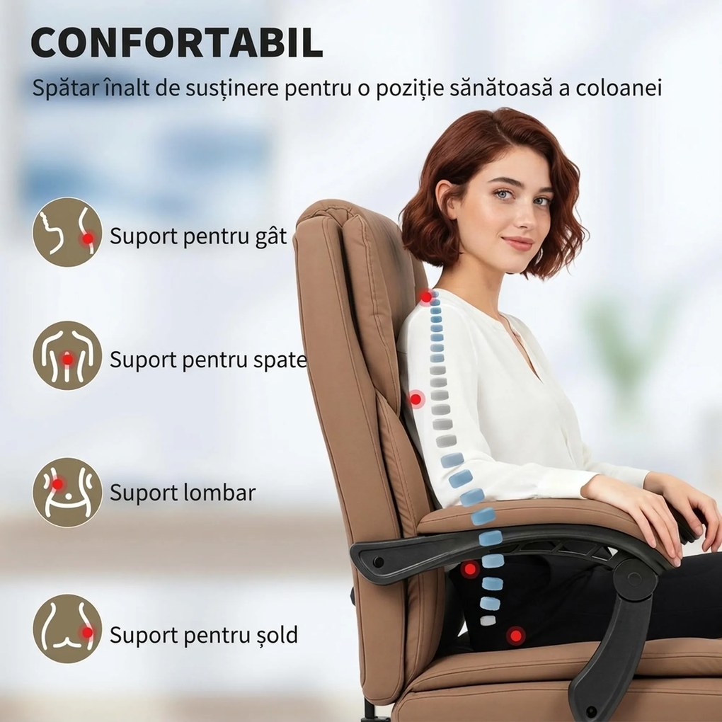 Scaun de birou ergonomic HOMCOM reclinabil 140° cu reposapiede și pernă, scaun de birou din piele ecologică anti-zgârieturi, ușor de curățat, brațe îmbunătățite, pivotant și reglabil pe înălțime, maro | Aosom Romania