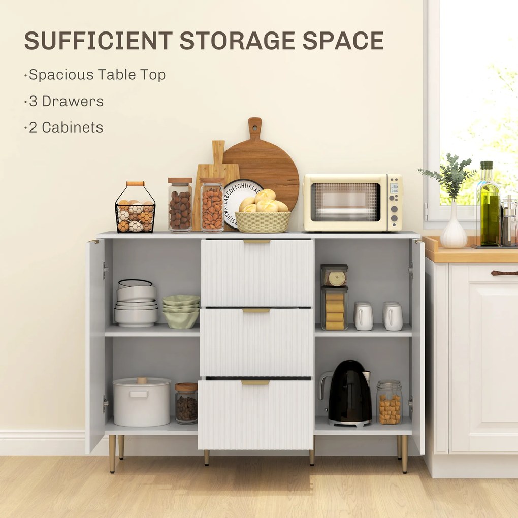 HOMCOM Dulap de Depozitare pentru Bucatarie cu 3 Sertare, Rafturi Reglabile și Picioare Metalice, 120x40x89,5 cm, Alb | Aosom Romania