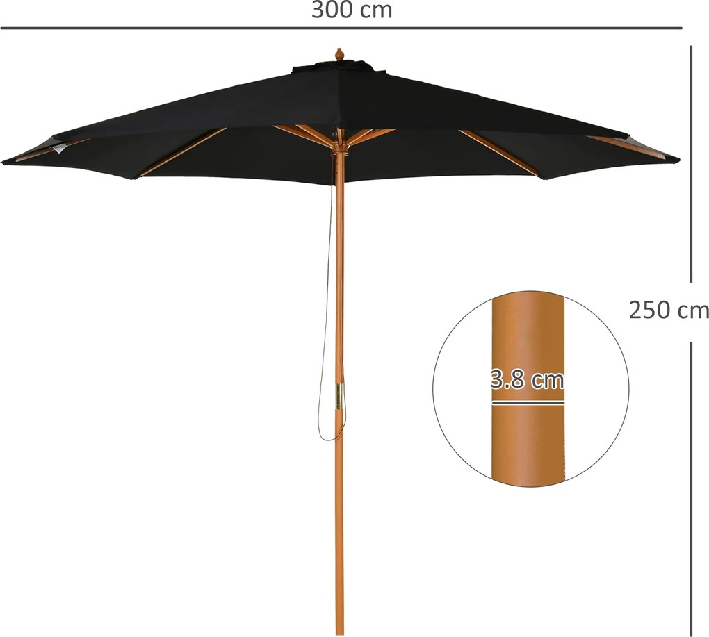 Outsunny Umbrelă de Grădină 3 m cu Stâlp din Lemn, 8 Spițe și Acoperire din Poliester, Neagră | Aosom Romania