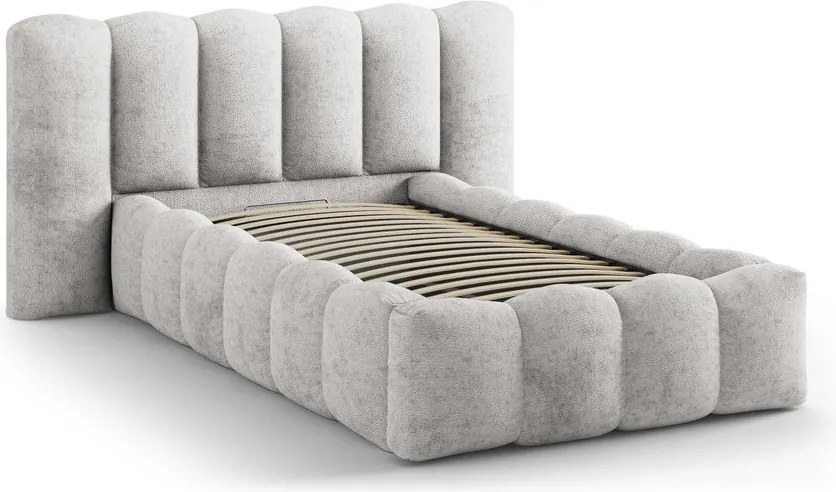Pat gri tapițat cu spațiu de depozitare cu somieră 90x200 cm Lupine – Micadoni