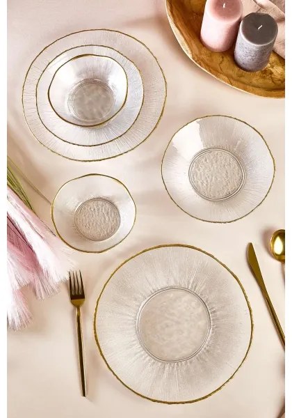 Set de masă 18 piese, din sticlă transparentă cu accente aurii