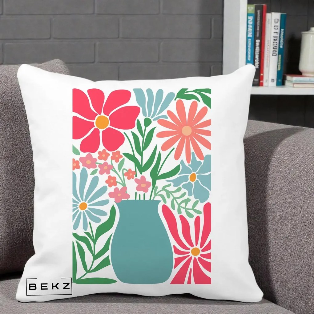 Perna Decorativa Flori in Vaza Turcoaz, 40x40 cm, Alba Mata, Husa Detasabila, Perna Inclusa, BEKZ®