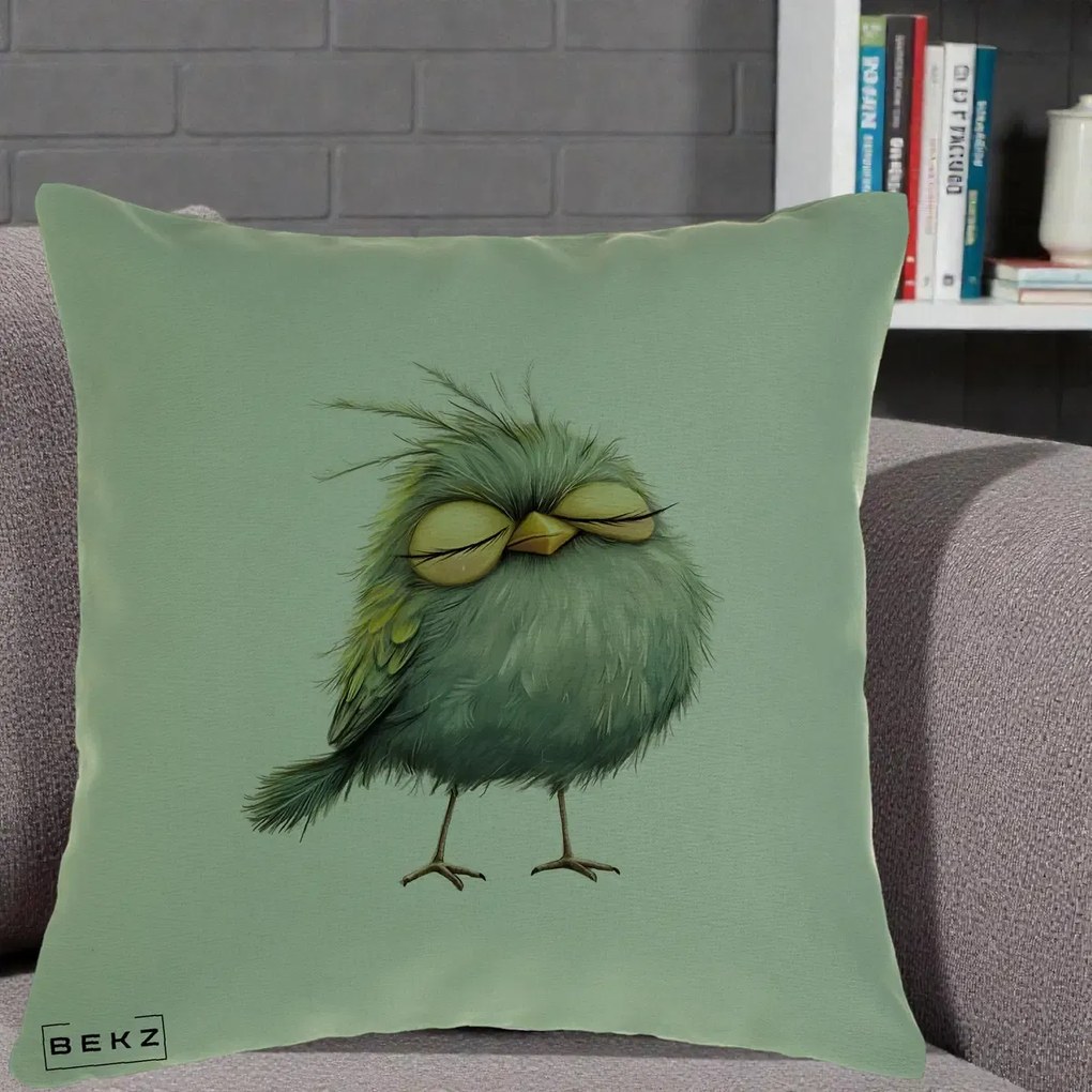 Perna Decorativa Pasare Teal Adormita cu Ochi Galbeni, 40x40 cm, Verde, Husa Detasabila, Perna Inclusa, BEKZ®