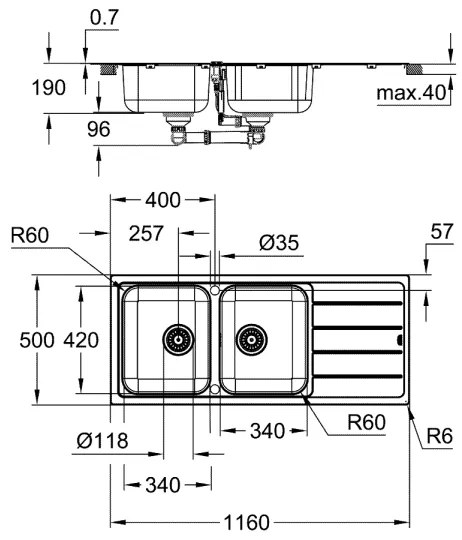 GROHE 31588SD1 - Chiuvetă K500 1160 × 500 mm inox