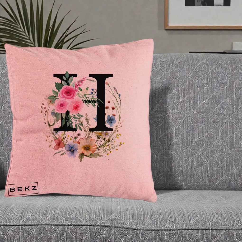 Cadou Personalizat - Perna Personalizata Monogram Litera H cu Flori Acuarela, 40x40 cm, Roz, Husa Detasabila, Perna Inclusa, BEKZ®