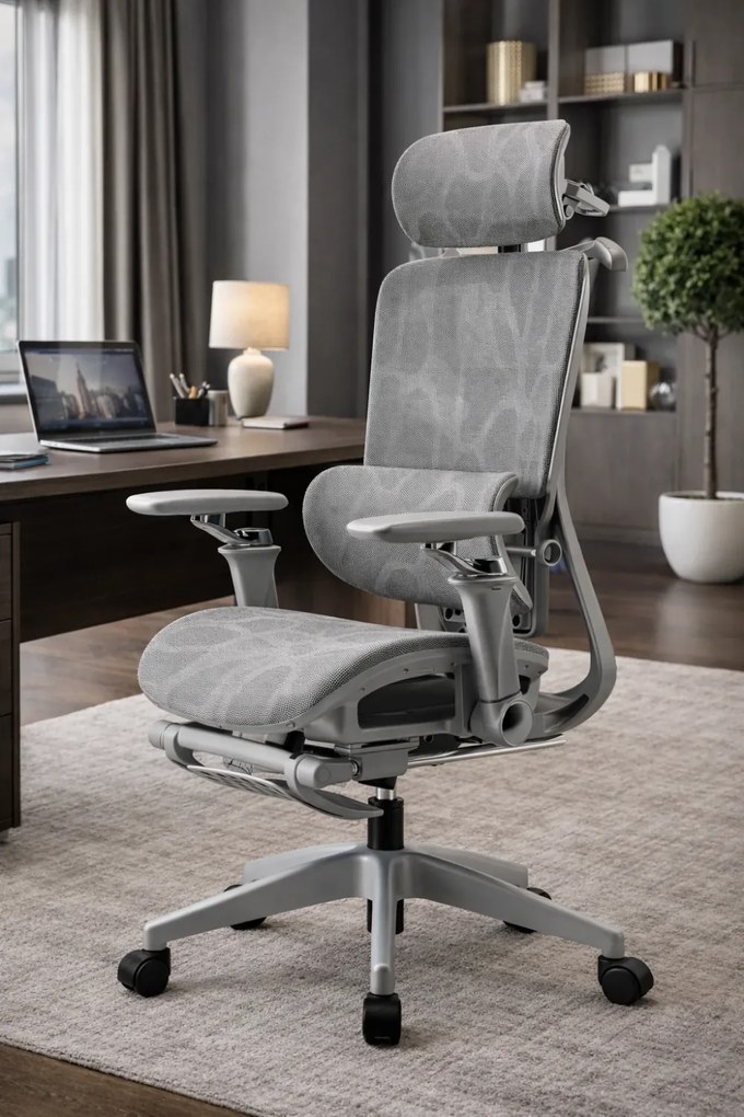 Scaun ergonomic, translatie sezut, cotiere 6D, tetiera 3D, suport lombar reglabil, pivotant, suport pentru picioare, Gri