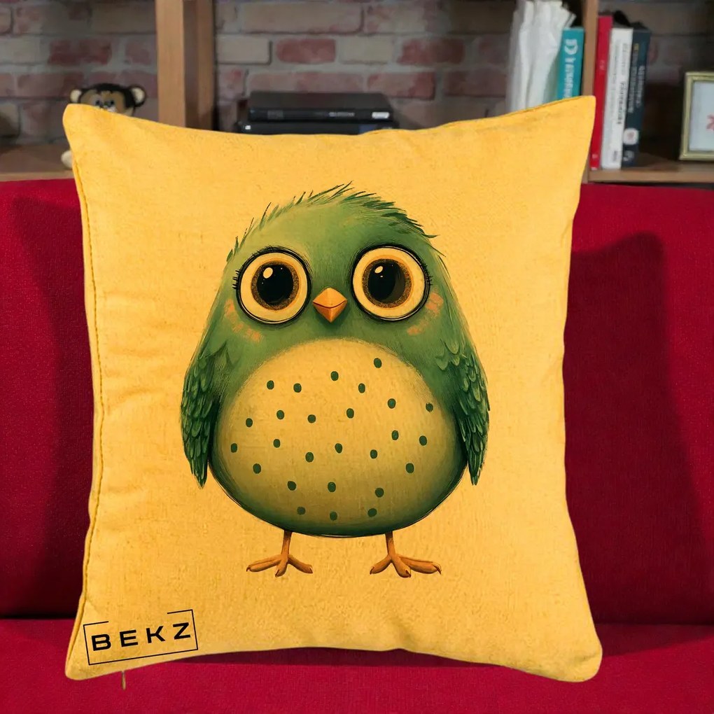Perna Decorativa Pasare Teal cu Buline Teal, 40x40 cm, Galben, Husa Detasabila, Perna Inclusa, BEKZ®
