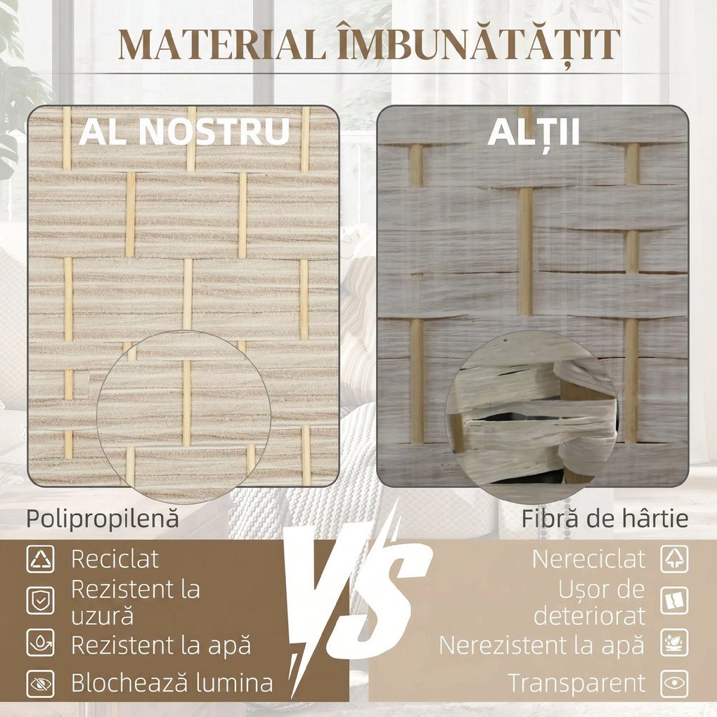 HOMCOM Paravan Interior cu 3 Panouri Pliabil, 135x180 cm, Separatoare Împletit din PP și Lemn de Pin, Stejar | Aosom Romania