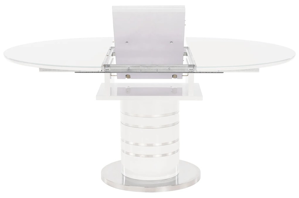 Masă dining extensibilă, alb extra lucios HG, diametru 120 cm, ZAMON