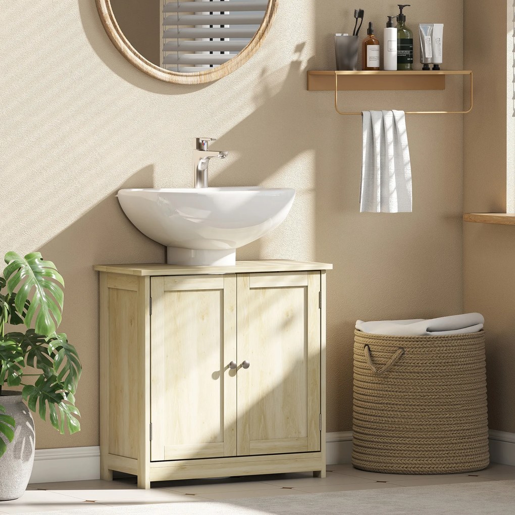 Kleankin Dulap Sub Chiuvetă cu 2 Uși și Raft Reglabil, Dulap de Baie Spațios cu Decupaj în Formă de U, 60x30x60 cm, Alb | Aosom Romania