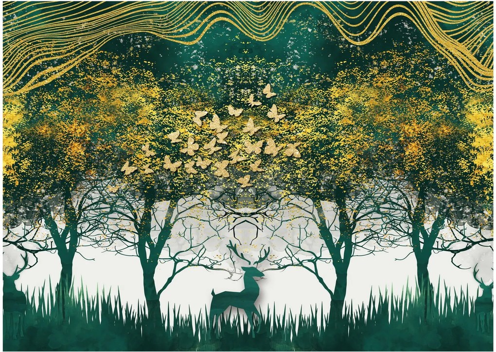 Tablou pe sticlă - Căprioare în pădurea verde (70x50 cm)