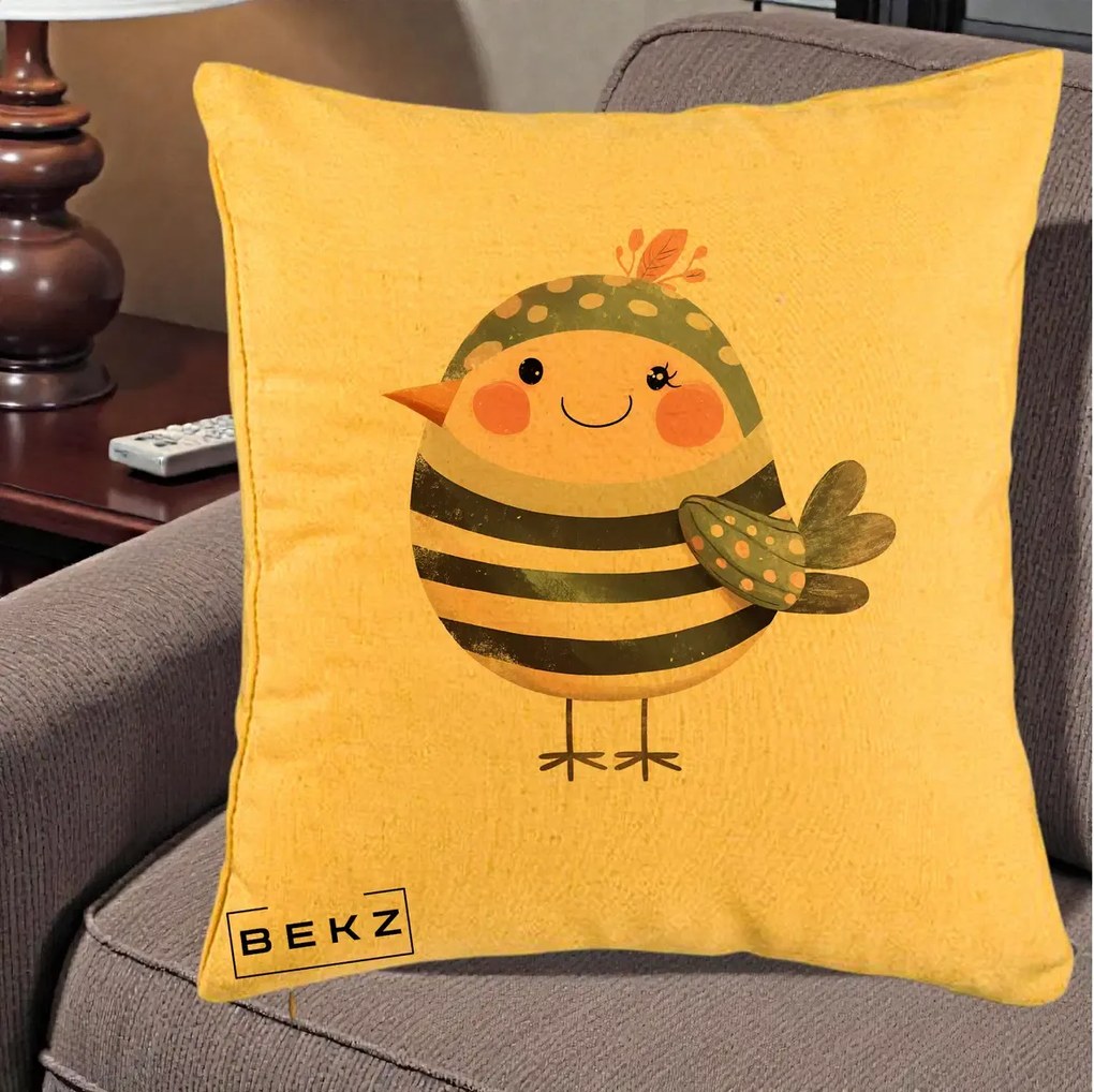 Perna Decorativa Pui Kawaii Teal cu Flori, 40x40 cm, Galben, Husa Detasabila, Perna Inclusa, BEKZ®