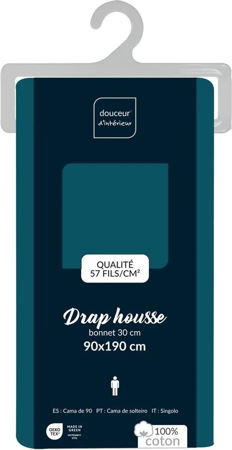 Cearceaf petrol din bumbac cu elastic 90x190 cm Lina – douceur d'intérieur