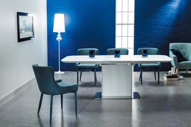 Set masa din MDF Prada White + 4 scaune tapitate Colin Denim