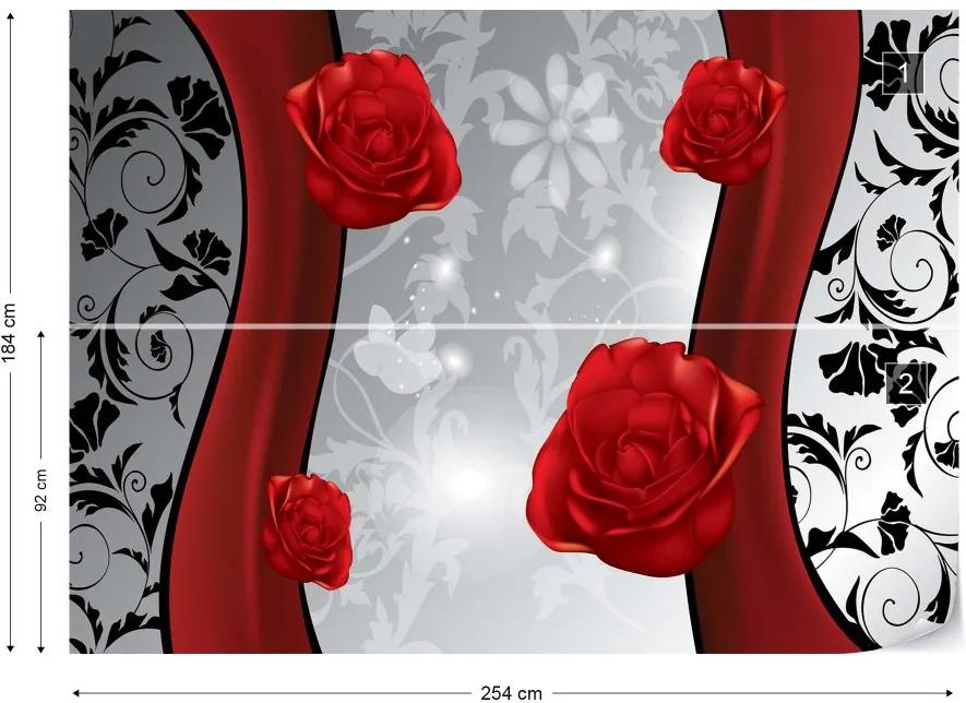 GLIX Fototapet - Red Roses Modern Floral Design Silver And Red Vliesová tapeta  - 254x184 cm