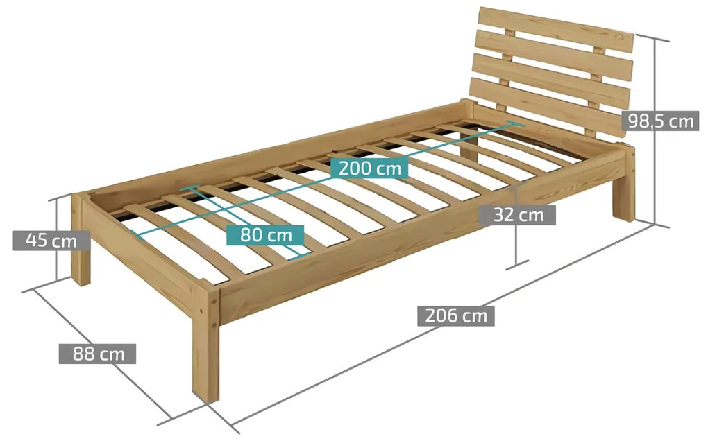 Pat inaltat PARIS 80x200 cm, pin Saltele: Cu saltele Coco Maxi 20 cm, Somiera pat: Cu lamele curbate