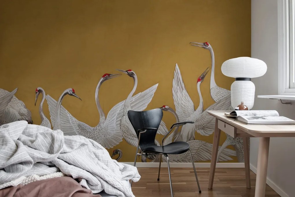 Fototapet, Soaring Cranes, Yellow, Rebel Walls