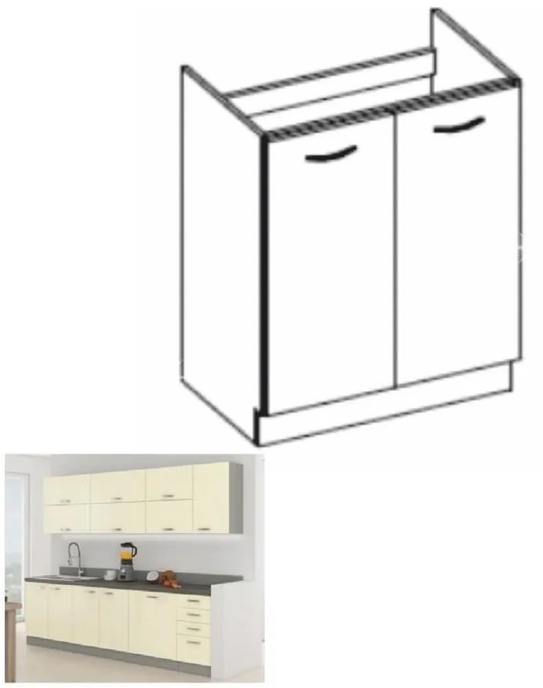 Dulap inferior de bucătărie sub chiuvetă 80 ZL 2F BB Pleitton (Crem ultralucios). 788645