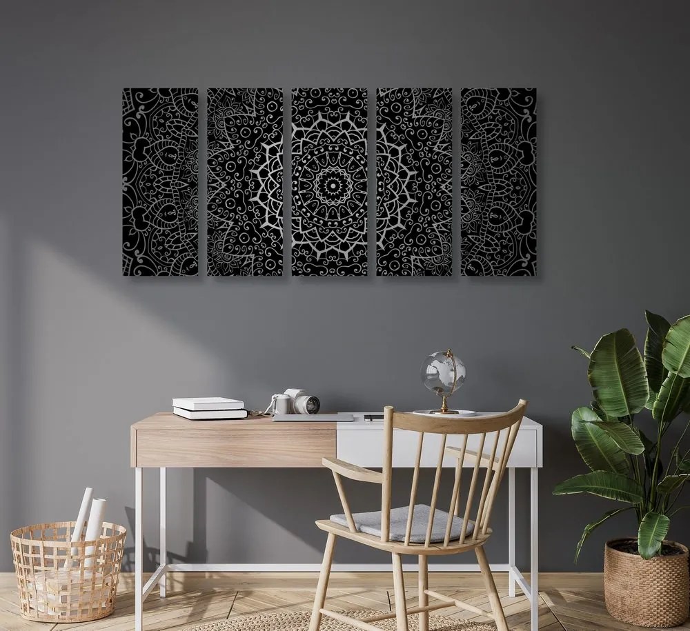 Tablou 5-piese Mandala vintage în stil indian în design alb-negru