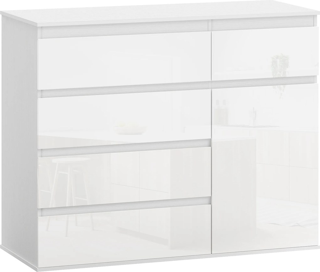 HOMCOM Bufet Modern cu 5 Sertare și Raft Reglabil, Alb Lucios | Aosom Romania
