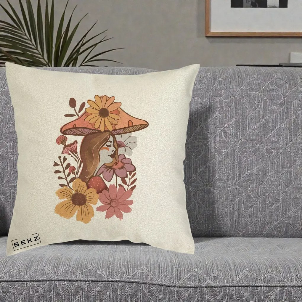 Perna Decorativa Fata Ciuperca Florala Boho, 40x40 cm, Ecru, Husa Detasabila, Perna Inclusa, BEKZ®