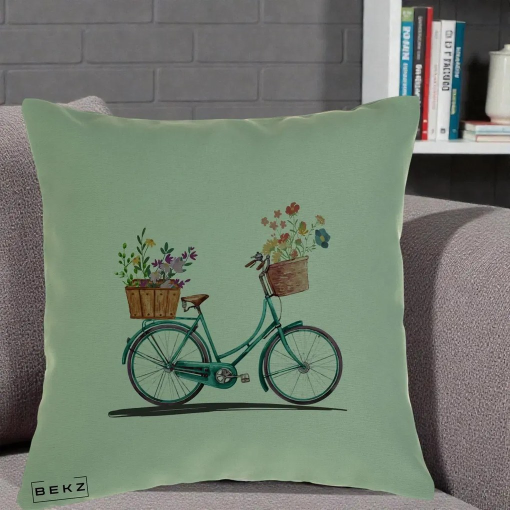 Perna Decorativa Bicicleta Florala Turcoaz Acuarela, 40x40 cm, Verde, Husa Detasabila, Perna Inclusa, BEKZ®