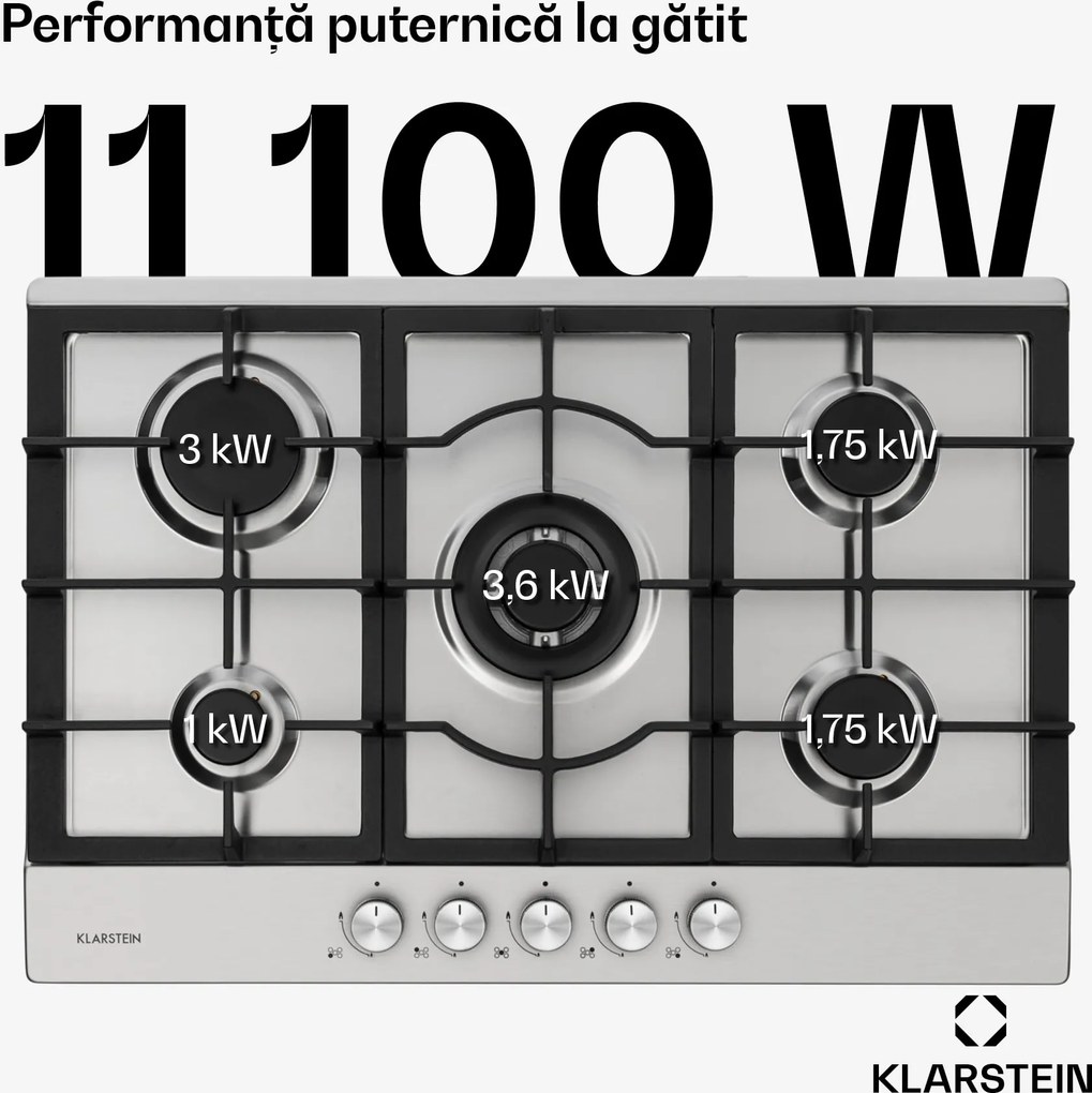 Klarstein Ignito 5 Zonen, plită pe gaz, 5 arzătoare Sabaf, oțel inoxidabil, argintiu