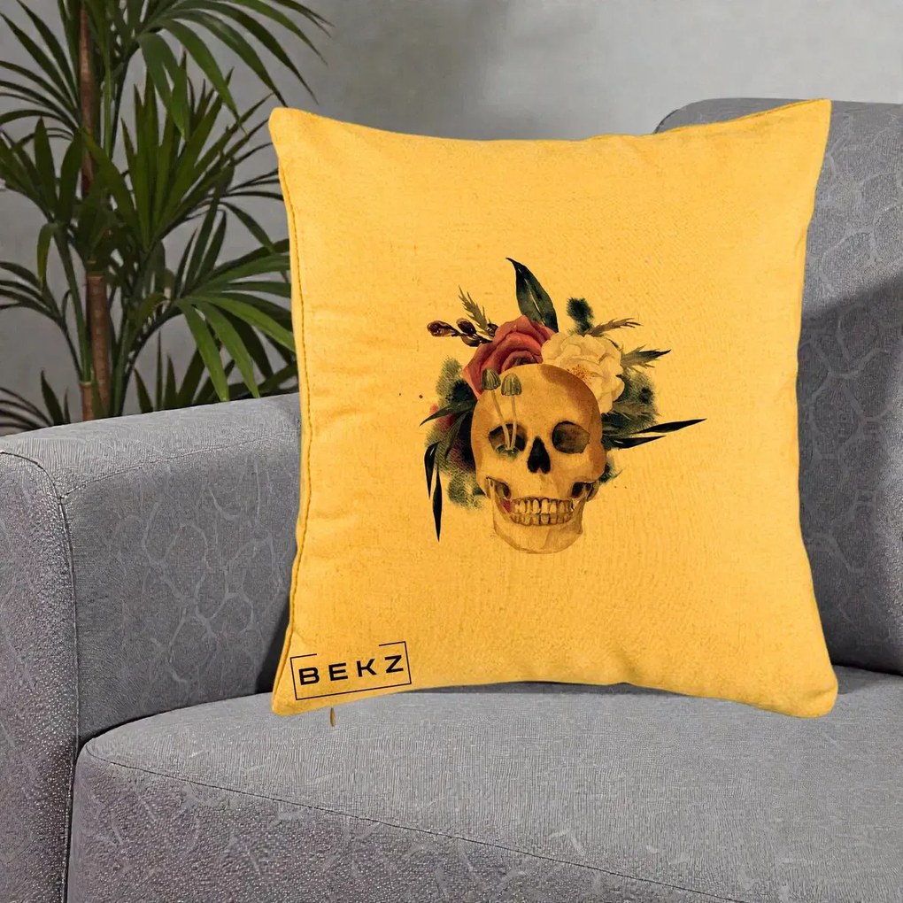 Perna Decorativa Craniu Floral cu Trandafiri si Ciuperci, 40x40 cm, Galben, Husa Detasabila, Perna Inclusa, BEKZ®