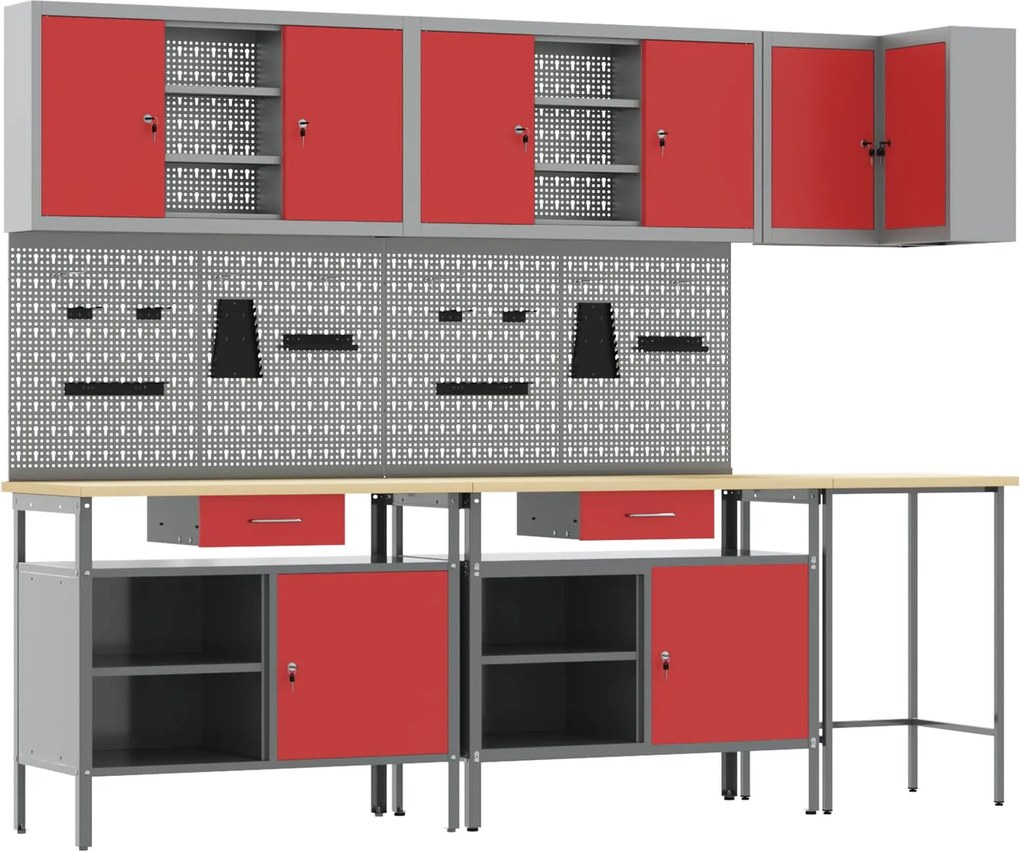 vidaXL Set de dulapuri de lucru cu sertar cu raft 10 pcs Roșu și gri
