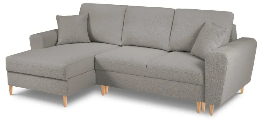 Colțar gri deschis extensibil, cu spațiu de depozitare cu tapițerie din țesătură bouclé (cu colț pe partea stângă, cu șezlong) Kyoto – Cosmopolitan Design