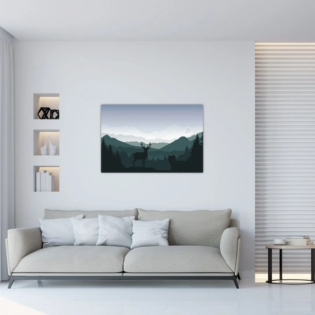 Tablou - Cerb cu lup pe stânci (90x60 cm)