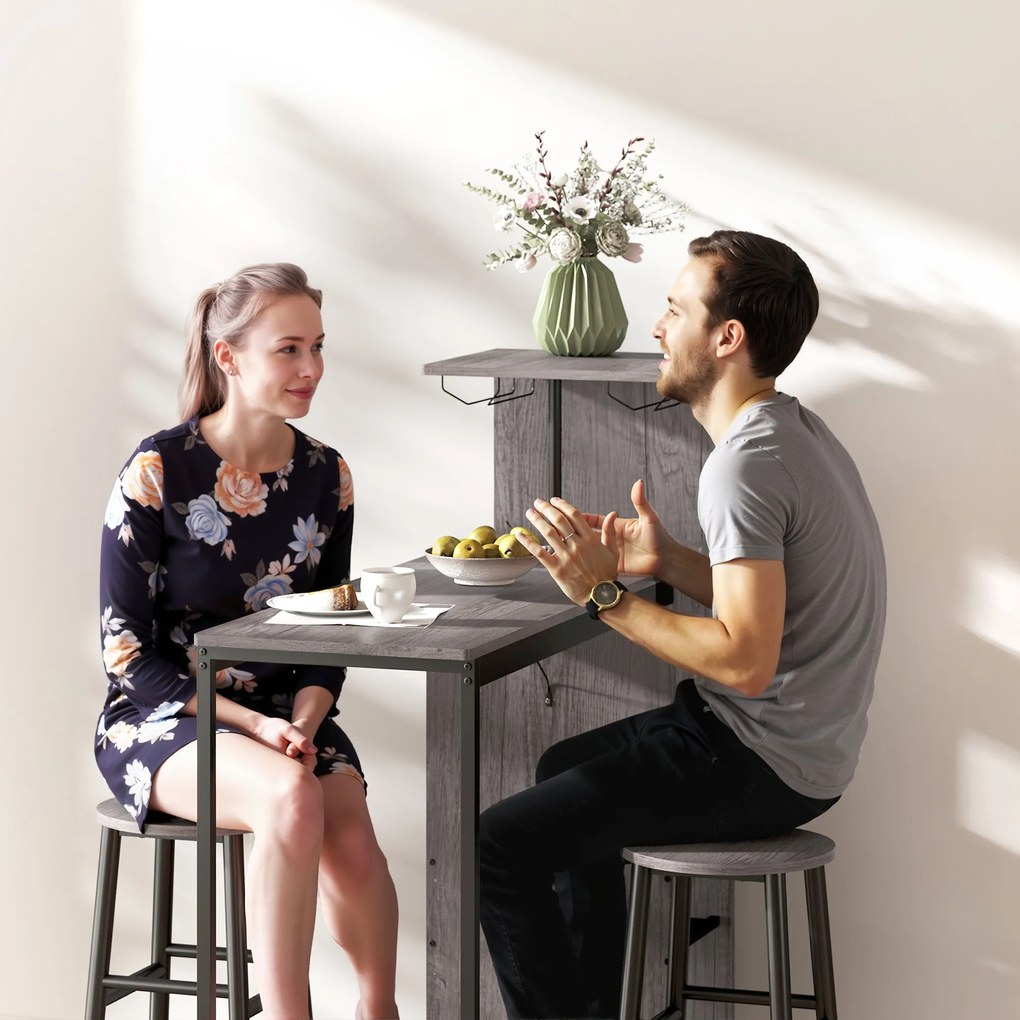 HOMCOM Set masă înaltă cu taburete, masă în picioare cu 2 scaune de bar, etajere, suport pentru sticle, lemn natural | Aosom Romania