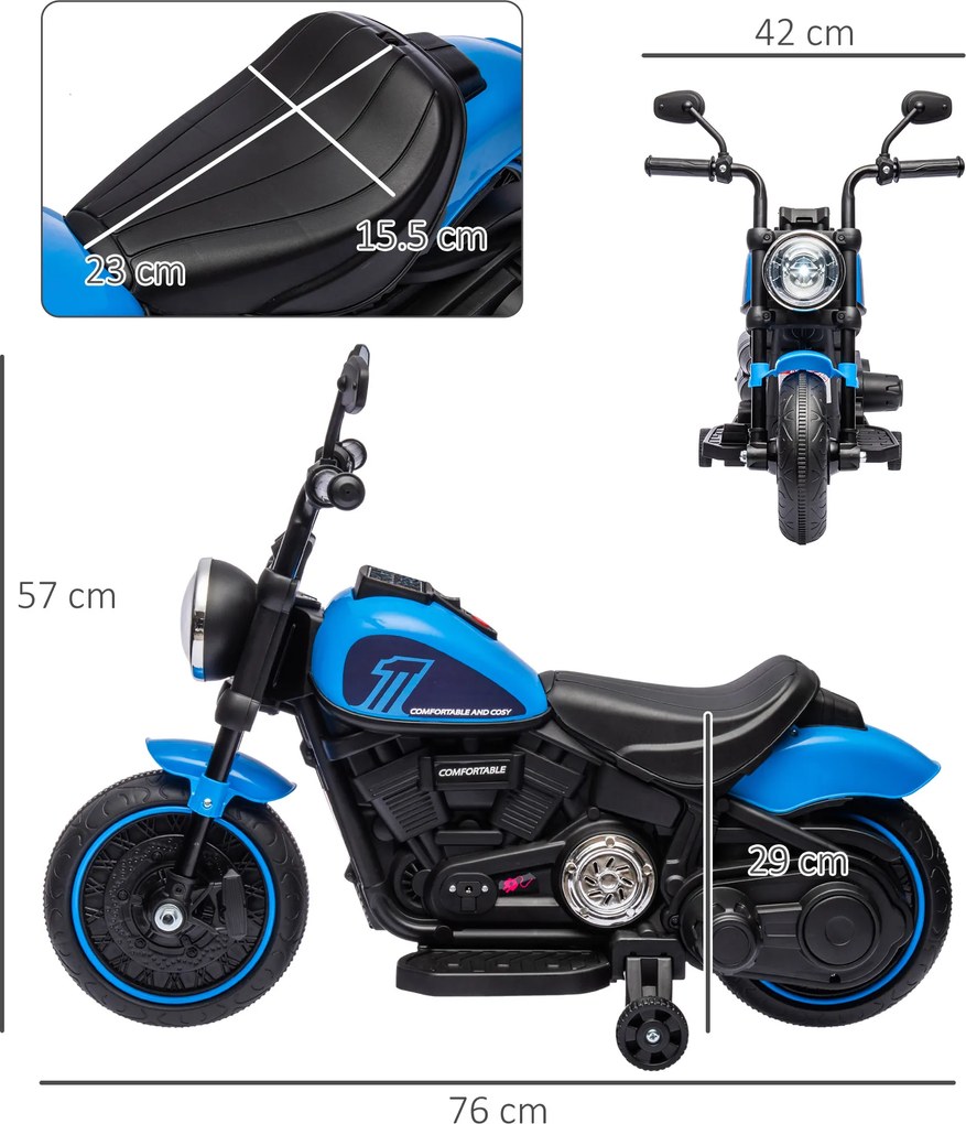 Motocileta Electrica de 6V, Roti de Antrenament, Baterii, un Singur Buton de Pornire, Pedala, Far, 18-36 luni, Albastru HOMCOM | Aosom Romania