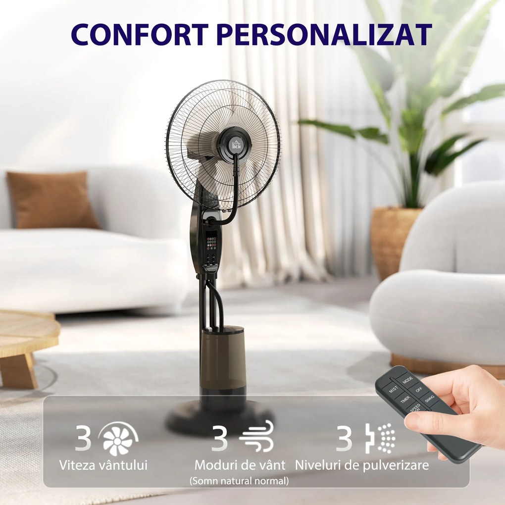 HOMCOM Ventilator cu Nebulizator și Rezervor 3,2L, 3 Moduri și 3 Viteze, Ventilator cu Oscilație 70°, Înclinare 10°, Temporizator 7,5h, Telecomandă, 75W, 120cm | Aosom Romania
