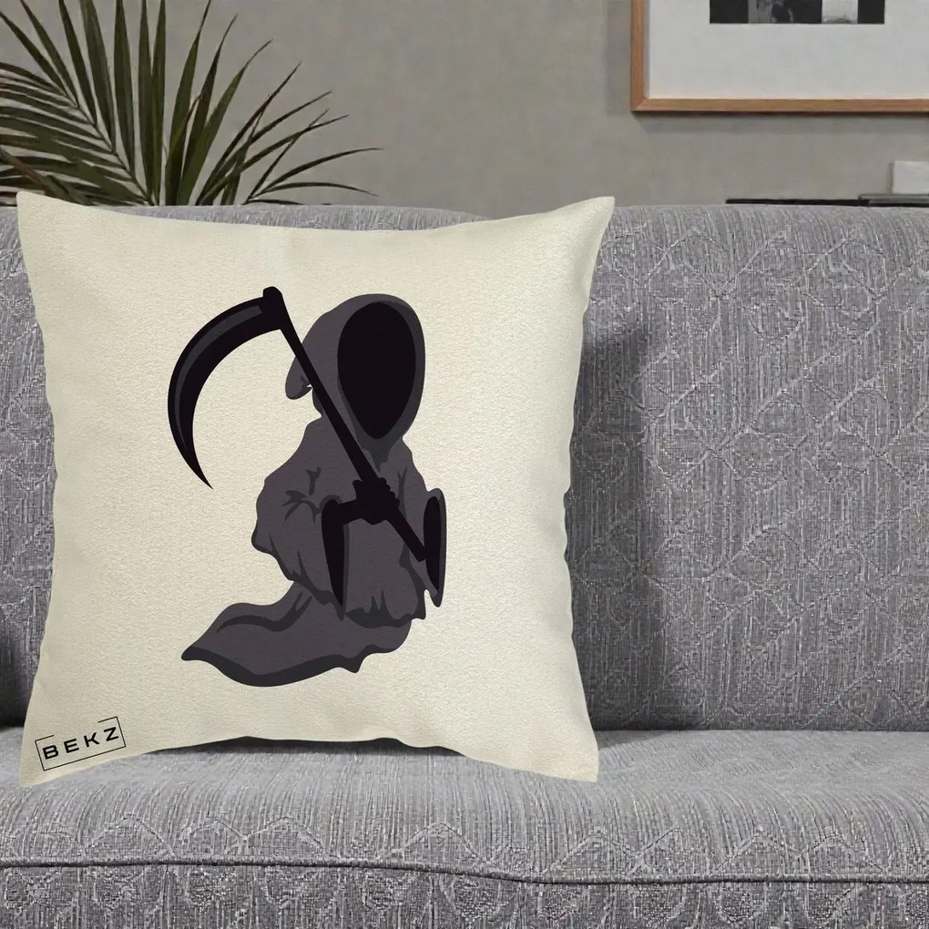 Perna Decorativa Moartea cu Coasa Grim Reaper Halloween, 40x40 cm, Ecru, Husa Detasabila, Perna Inclusa, BEKZ®