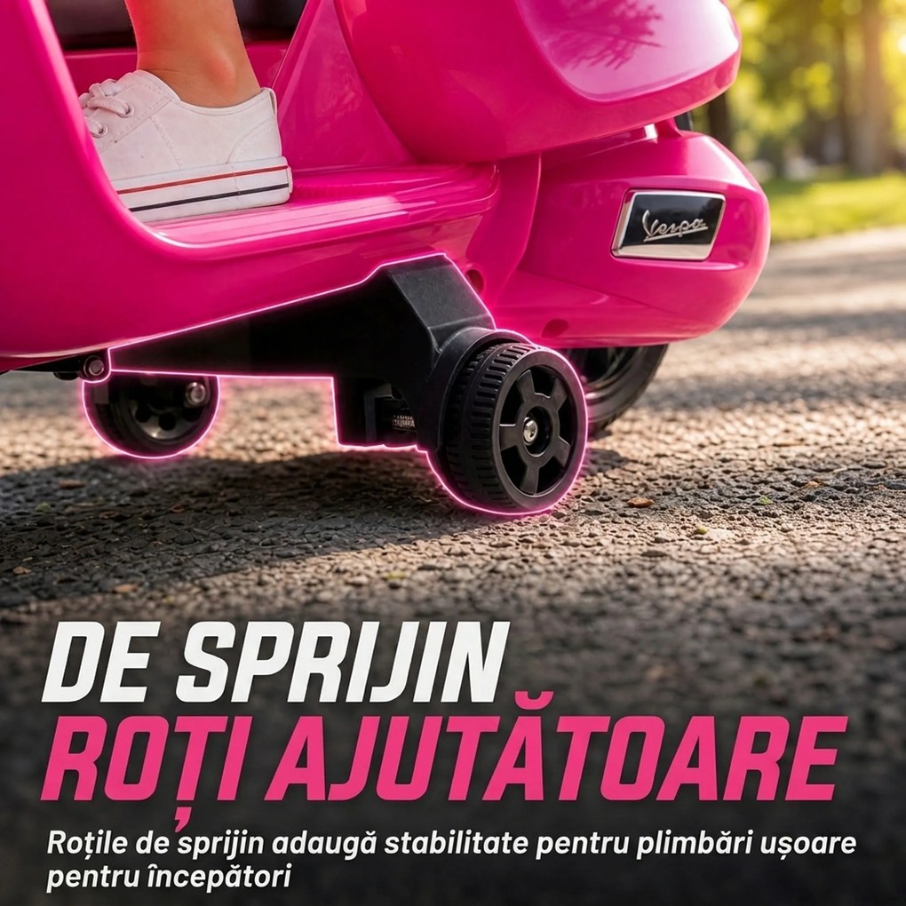 AIYAPLAY Motocicletă electrică copii Vespa 6V cu roți de sprijin, far, claxon pentru 2-6 ani 71 x 37 x 52 cm Roz | Aosom Romania