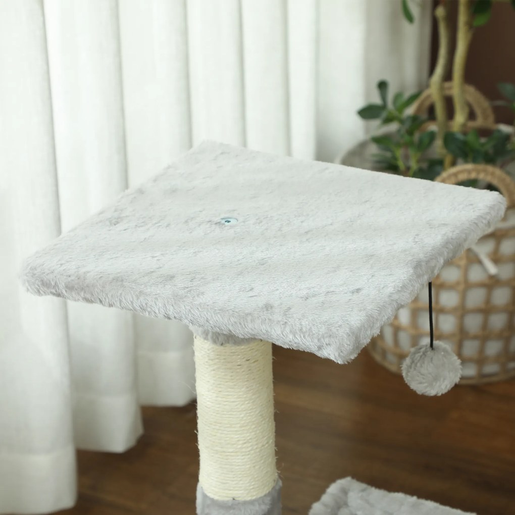 PawHut Arbore de pisici 3 dălți zgărie sisal natural platformă hamac și minge suspendată 50 x 26 x 70 cm pluș scurt gri | Aosom Romania