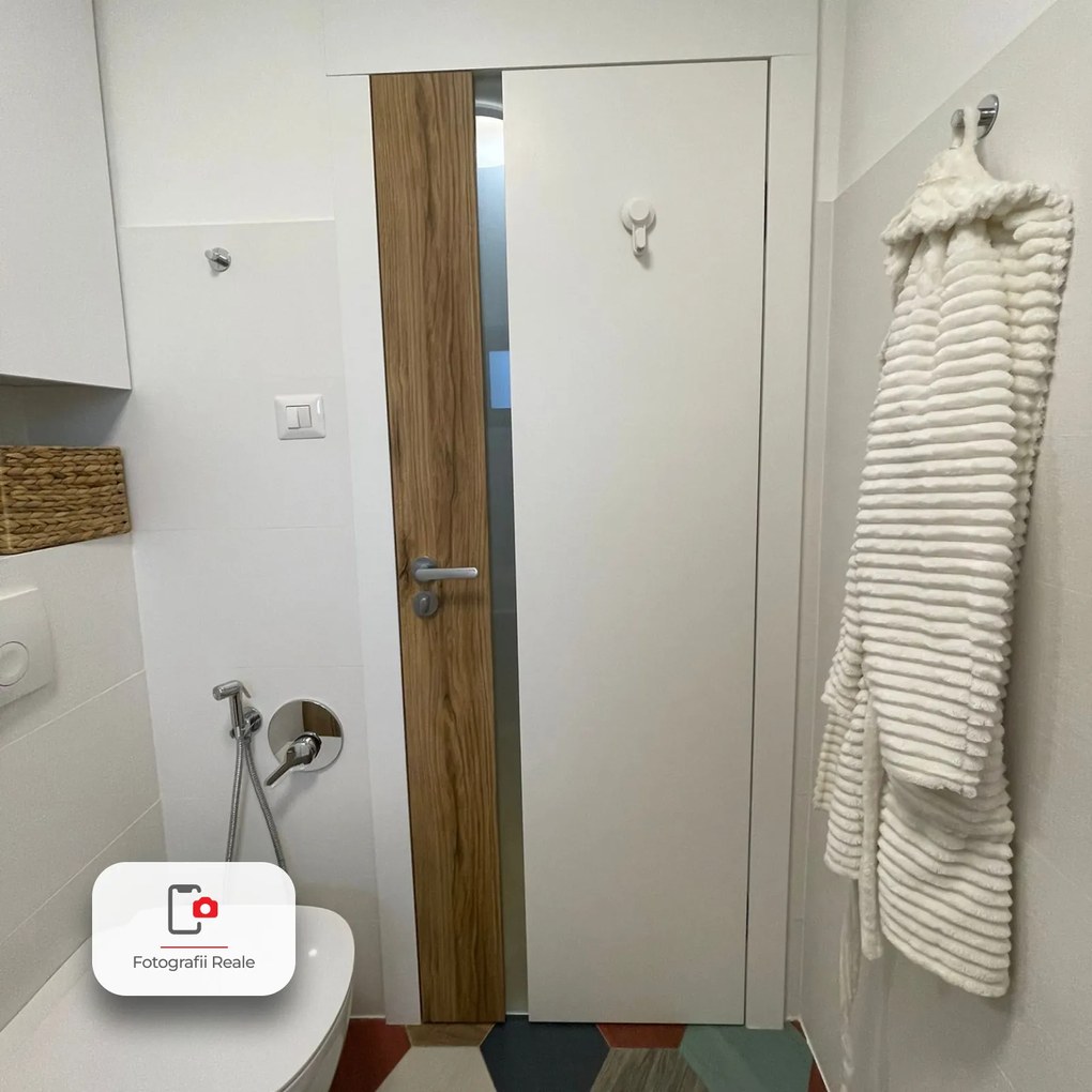 Usa de interior PORTA DUO din pal tubular si insertii de furnir natural - Model 4.A 95-140 mm, Alb / Stejar