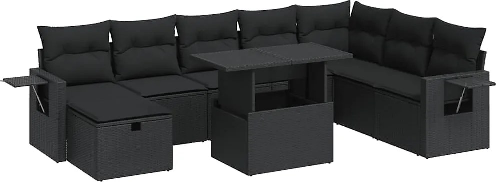 vidaXL Set mobilier de grădină cu perne, 9 piese, negru, poliratan